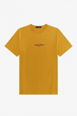 Gold Fred Perry Embroidered Men's T Shirts | SG1398CTVE