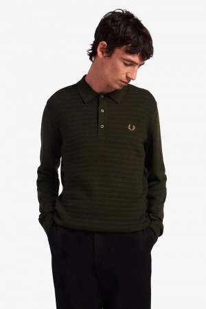 Green Fred Perry Chevron Textured Knitted Men's Shirts | SG1562FDNM