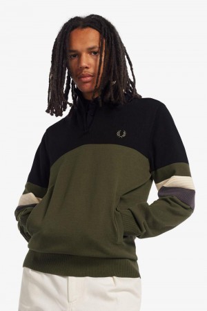 Green Fred Perry Colour Block Half-Zip Jumper Men's Knitwear | SG1752YXFU