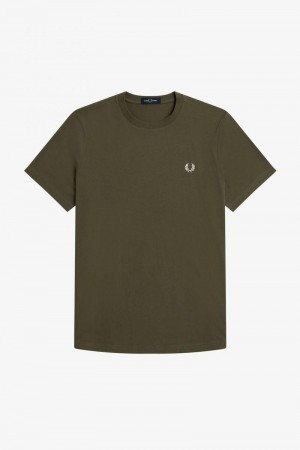 Green Fred Perry Graphic Print Men's T Shirts | SG1363TCEV