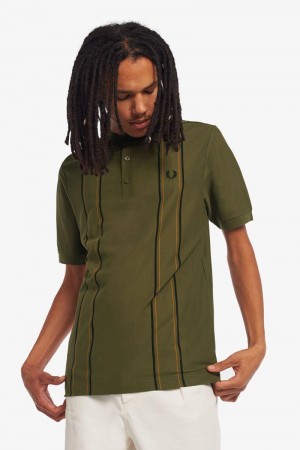 Green Fred Perry Striped Henley Polo Men's Shirts | SG1511DFMN