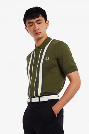 Green Fred Perry Striped Knitted Men's Shirts | SG1510FDNM