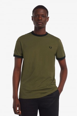 Green Fred Perry Tonal Tape Ringer Men's T Shirts | SG1258YXFU