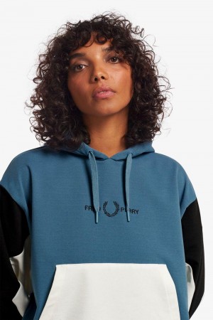 Grey Blue Fred Perry Colour Block Hooded Women's Sweatshirts | SG1049UZGT