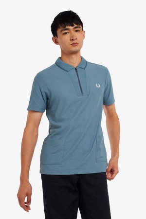 Grey Blue Fred Perry Rib Detail Neck Polo Men's Shirts | SG1523QMAZ