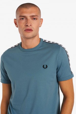 Grey Blue Fred Perry Taped Ringer Men's T Shirts | SG1272KORI