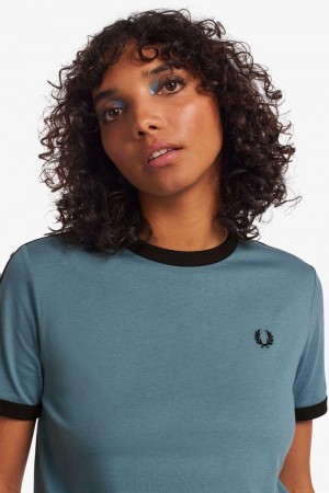 Grey Blue Fred Perry Taped Ringer Women's T Shirts | SG1002WNBY