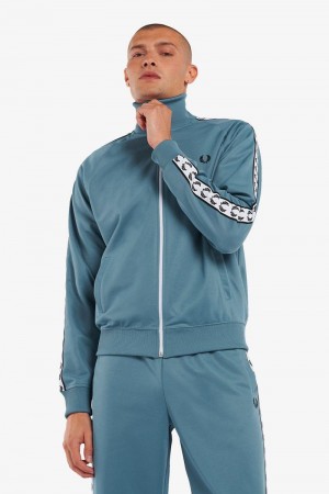 Grey Blue Fred Perry Taped Track Men's Jackets | SG1793CTVE