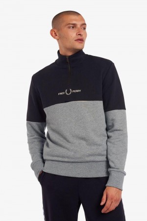 Grey Fred Perry Colour Block Half Zip Men's Sweatshirts | SG1481JPQJ