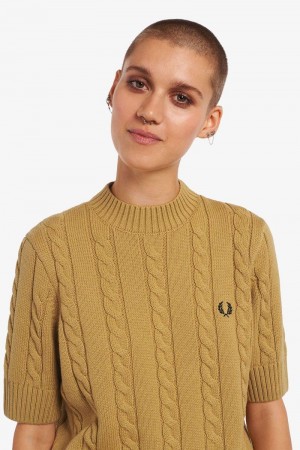 Grey Fred Perry Short Sleeve Cable Knit Jumper Women's Knitwear | SG1124PJJQ