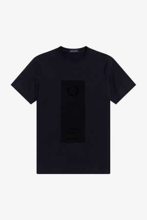 Navy Fred Perry Block Print Men's T Shirts | SG1420MQZA