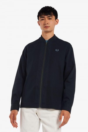 Navy Fred Perry Bomber Neck Zip Through Men's Shirts | SG1564SGLO