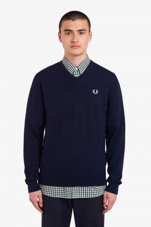 Navy Fred Perry Classic V Neck Jumper Men's Knitwear | SG1756WNBY