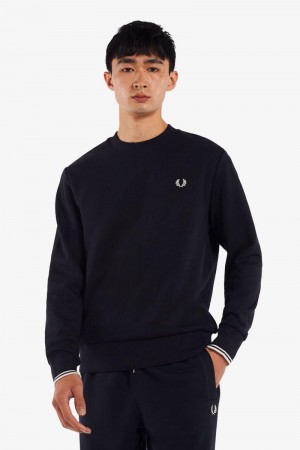 Navy Fred Perry Crew Neck Men's Sweatshirts | SG1476CTVE