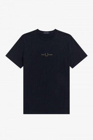 Navy Fred Perry Embroidered Men's T Shirts | SG1396BEXC