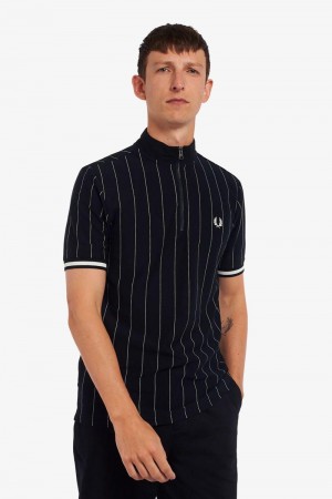 Navy Fred Perry Fine Stripe Funnel Neck Polo Men's Shirts | SG1553VRWD