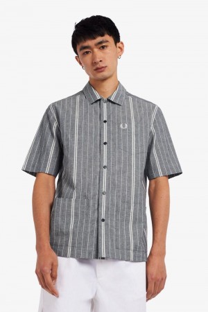 Navy Fred Perry Fine Stripe Men's Shirts | SG1554CTVE