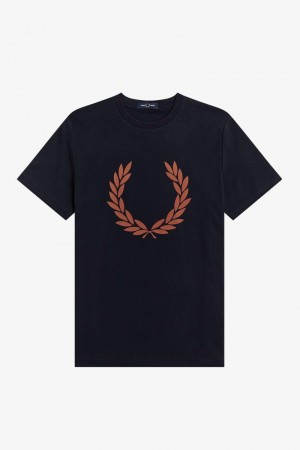 Navy Fred Perry Flock Laurel Wreath Men's T Shirts | SG1389TCEV