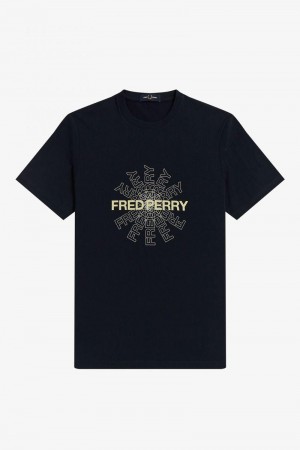 Navy Fred Perry Graphic Men's T Shirts | SG1383AHKP