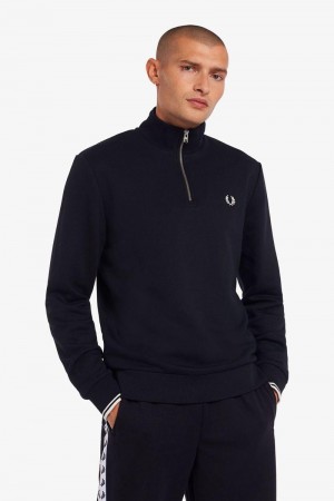 Navy Fred Perry Half Zip Men's Sweatshirts | SG1464ILHS