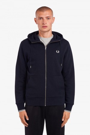 Navy Fred Perry Hooded Zip Through Men's Sweatshirts | SG1460SGLO