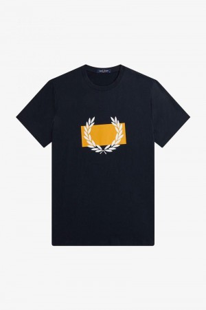 Navy Fred Perry Laurel Wreath Print Men's T Shirts | SG1337TCEV