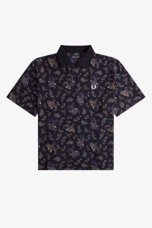 Navy Fred Perry Paisley Print Polo Women's Shirts | SG1072PJJQ