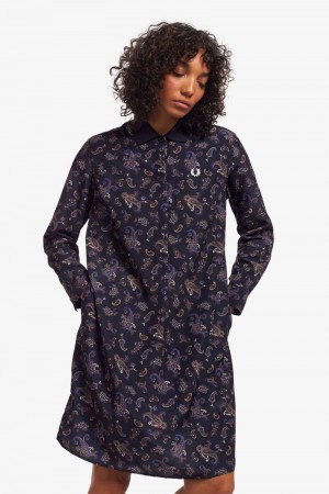 Navy Fred Perry Paisley Print Shirt Women's Dress | SG1174SGLO