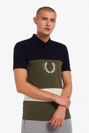 Navy Fred Perry Printed Colour Block Polo Men's Shirts | SG1529XYUF