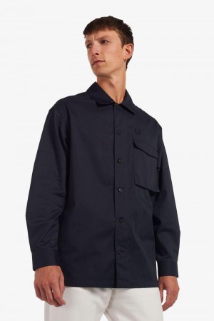 Navy Fred Perry Reinforced Patch Overshirt Men's Shirts | SG1524MQZA