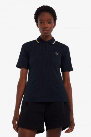 Navy Fred Perry Ribbed Polo Women's Shirts | SG1069DFMN