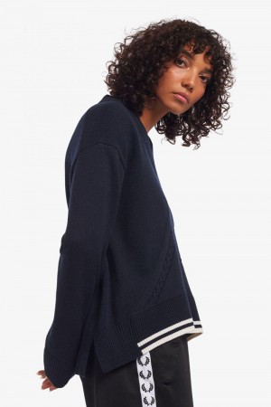 Navy Fred Perry Split Hem Cable Knit Jumper Women's Knitwear | SG1116KORI