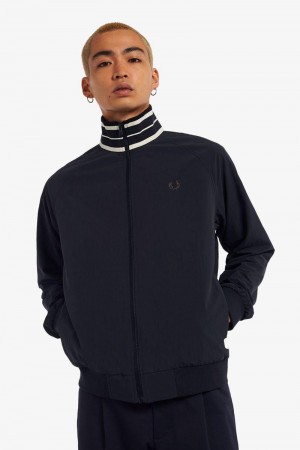 Navy Fred Perry Striped Collar Track Men's Jackets | SG1796NWYB