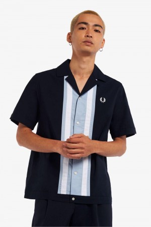 Navy Fred Perry Striped Panel Bowling Men's Shirts | SG1509GSOL