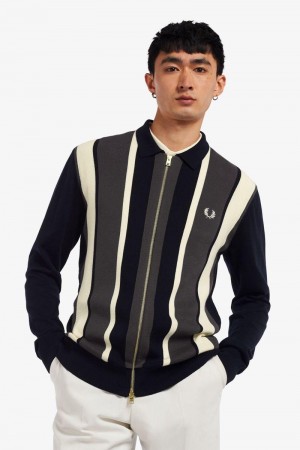 Navy Fred Perry Striped Zip-Through Cardigan Men's Knitwear | SG1726YXFU