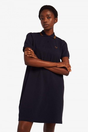 Navy Fred Perry Tartan Panel Piqué Women's Dress | SG1158WNBY