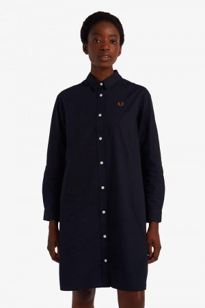 Navy Fred Perry Tartan Panel Shirt Women's Dress | SG1157EBCX