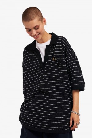 Navy Fred Perry Textured Stripe Knitted Women's Shirts | SG1062ZUTG