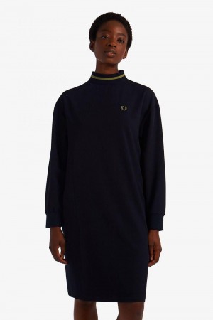 Navy Fred Perry Tipped Mock Neck Women's Dress | SG1155TCEV