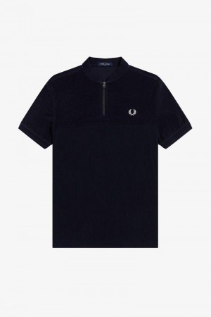 Navy Fred Perry Towelling Panel Polo Men's Shirts | SG1504ZUTG