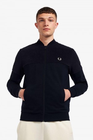 Navy Fred Perry Towelling Panel Track Men's Jackets | SG1781EBCX