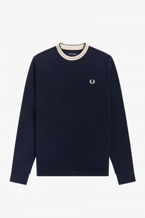 Navy Fred Perry Tramline Tipped Long Sleeve Top Men's Sweatshirts | SG1427LISH