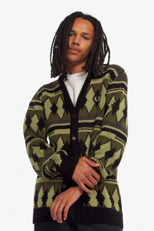 Olive Green Fred Perry Chunky Jacquard Cardigan Men's Knitwear | SG1765LISH