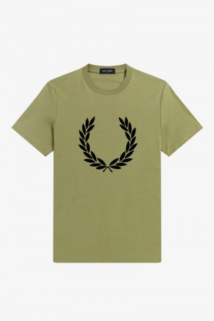 Olive Green Fred Perry Flock Laurel Wreath Men's T Shirts | SG1387UZGT