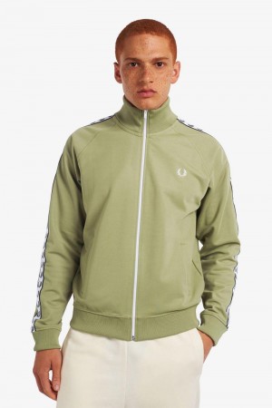 Olive Green Fred Perry Taped Track Men's Jackets | SG1787HAPK