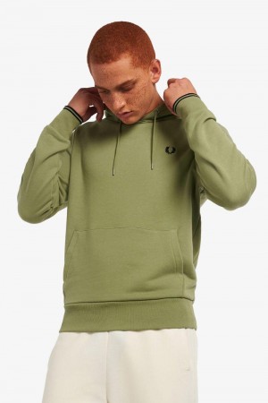 Olive Green Fred Perry Tipped Hooded Men's Sweatshirts | SG1432FDNM