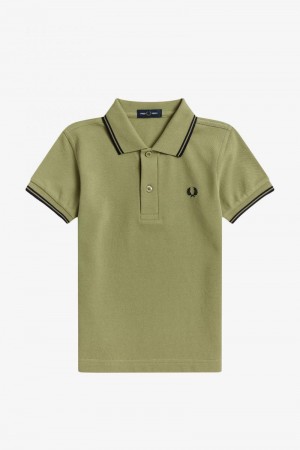 Olive Green Fred Perry Twin Tipped Kids' Shirts | SG2039ILHS