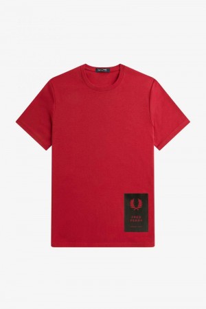 Red Fred Perry Printed Hem Patch Men's T Shirts | SG1307OKIR