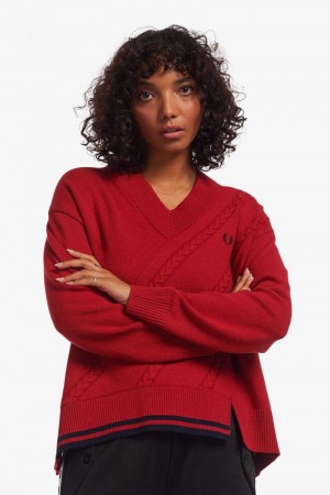 Red Fred Perry Split Hem Cable Knit Jumper Women's Knitwear | SG1117JPQJ