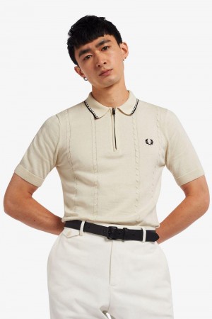 White Fred Perry Cable Detail Zip-Neck Knitted Men's Shirts | SG1563DFMN